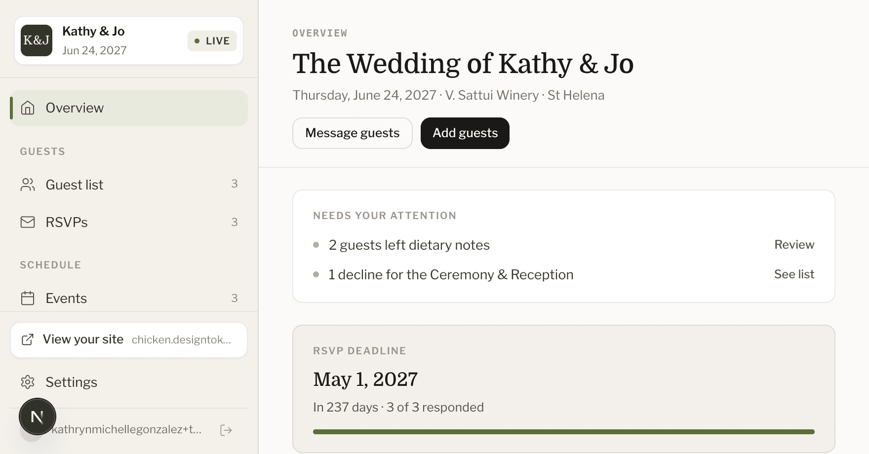 The Bewitched admin overview: a needs-your-attention list, RSVP deadline, and attendance by event.